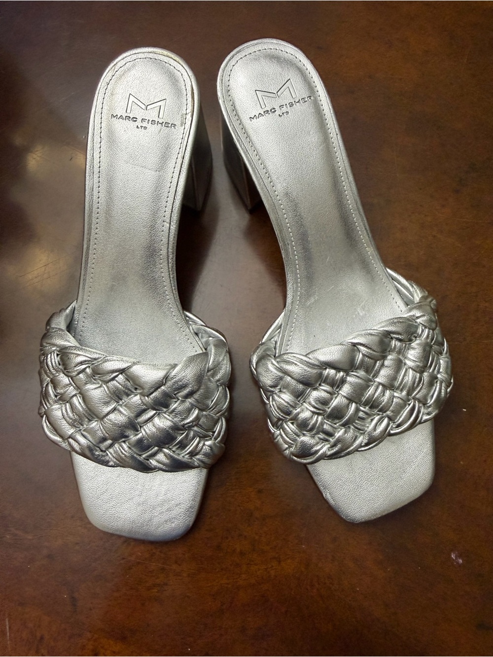 Marc Fisher Metallic Silver Braided Block Heel Slide Sandals